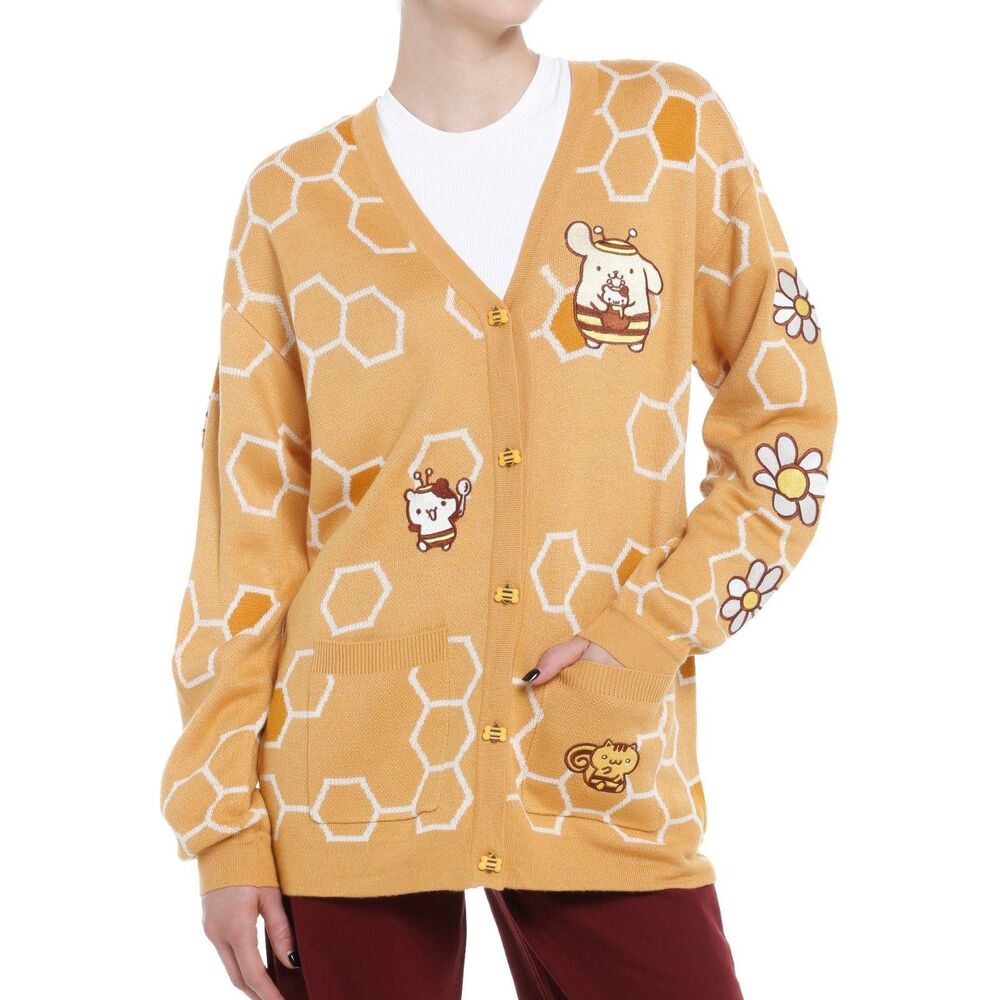 Sanrio Pompompurin Honeycomb Yellow Oversized Cardigan Sweater, Large (B3)